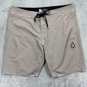 Volcom Too Hectik 2 Board Shorts Mens 38 Beige Striped Surf Swim Trunks